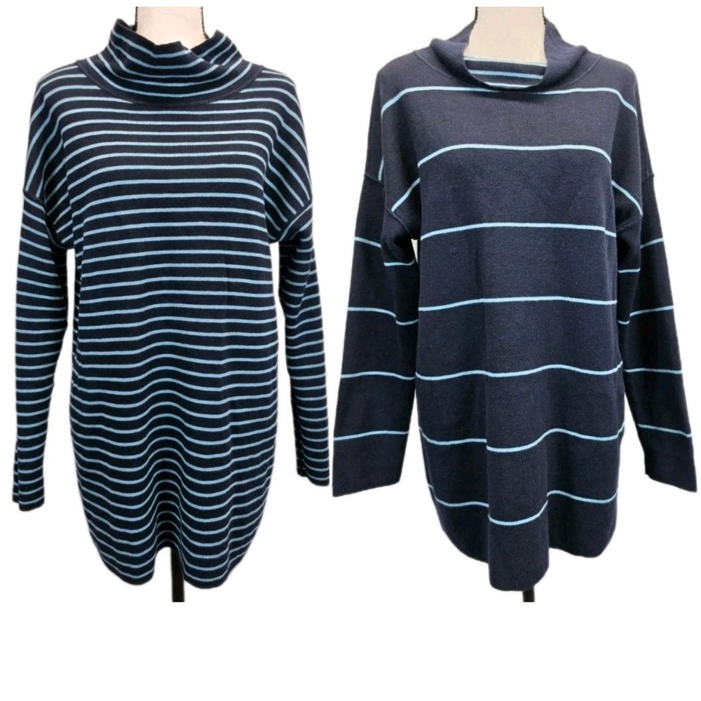 J Jill Reversible Sweater M Blue Tunic Lagenlook Coastal Preppy Minimalist 3138